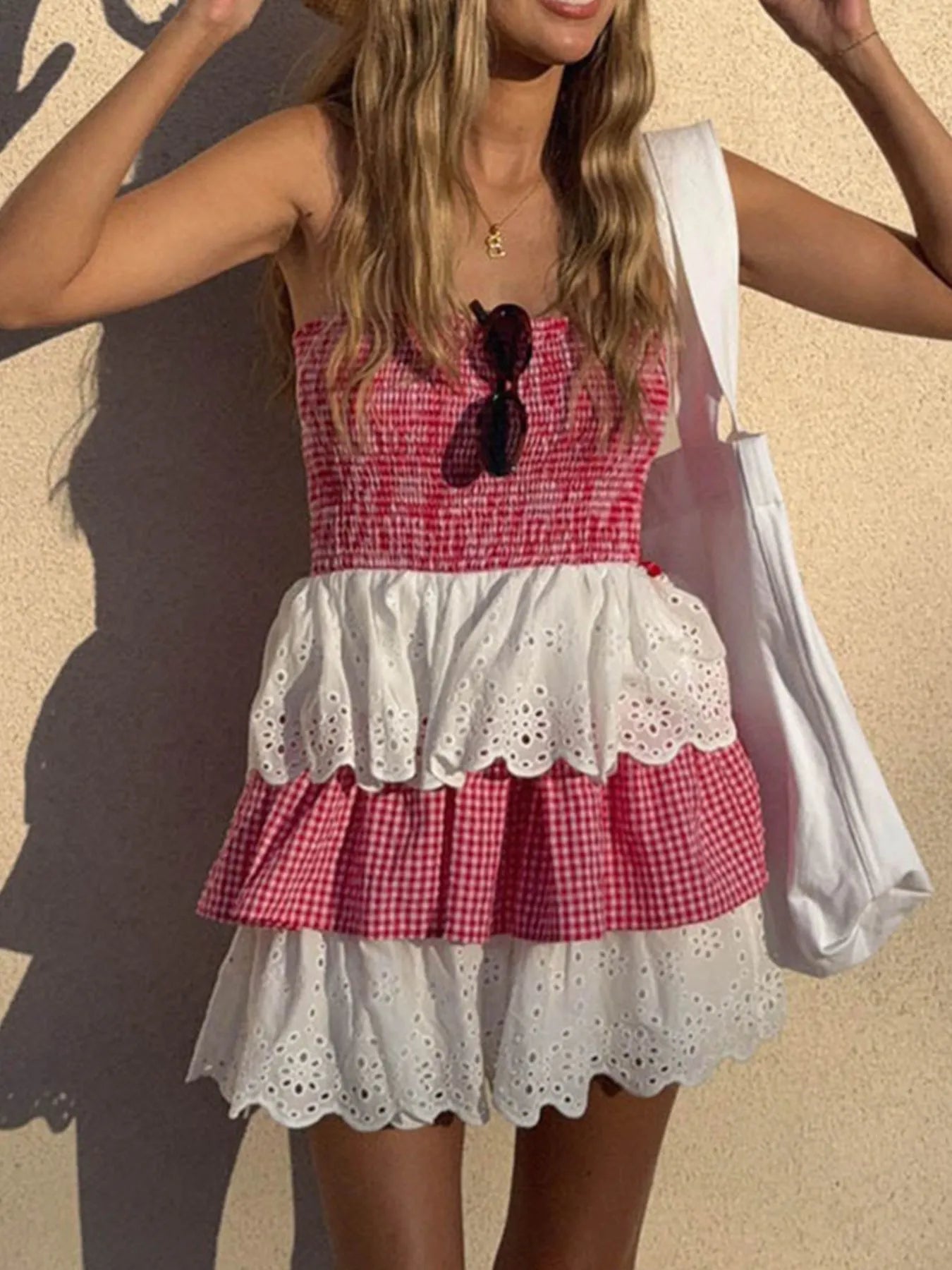 Eyelet Gingham Ruffle Layered Tube Dress Strawberry