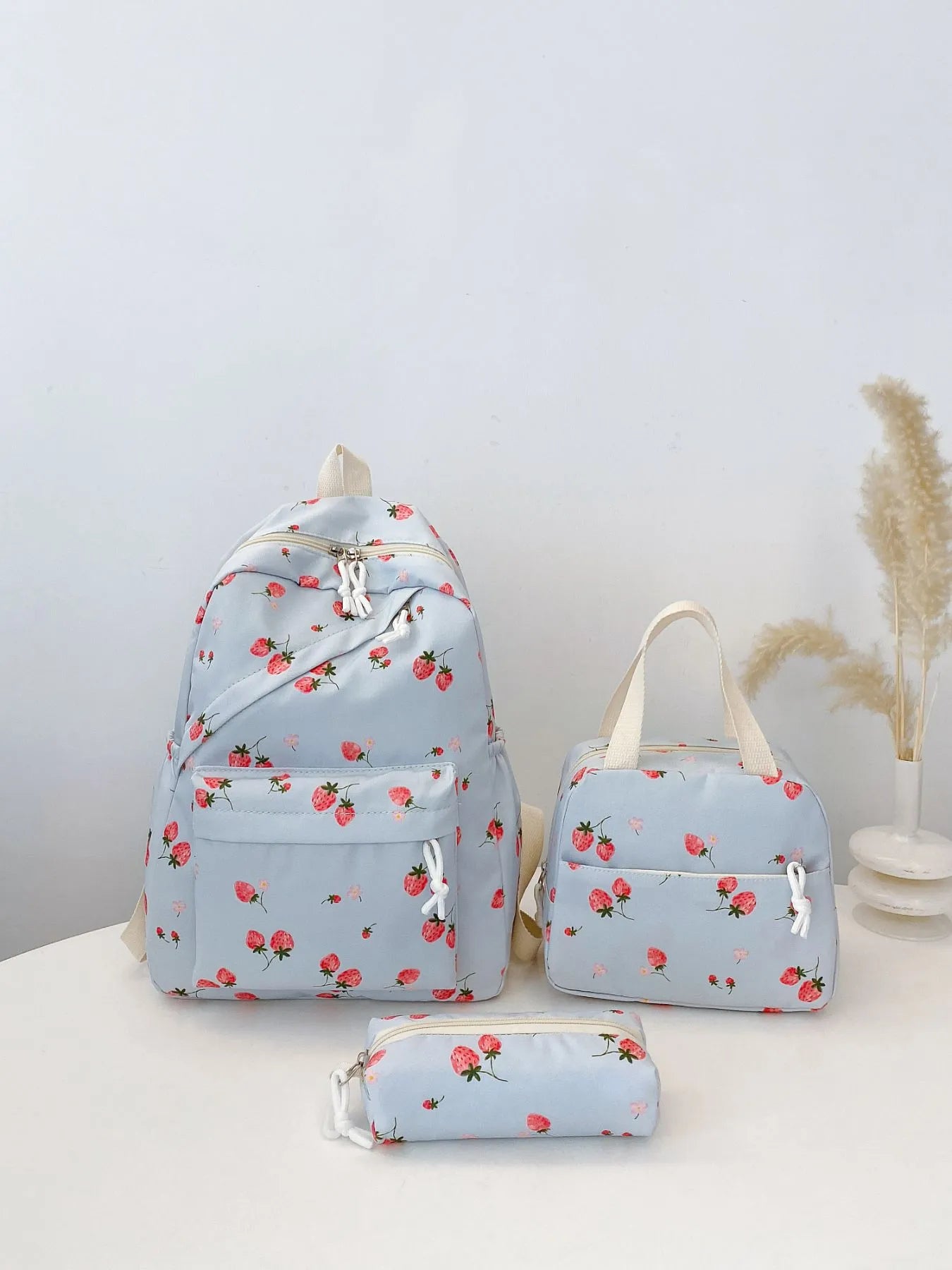 3-Piece Strawberry Print Canvas Bag Set Blue onesize