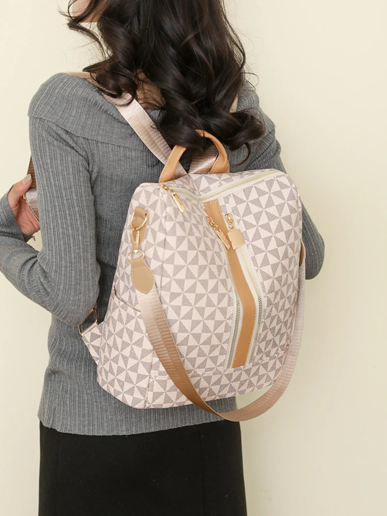 Geometric Pattern Backpack Bag Beige One Size