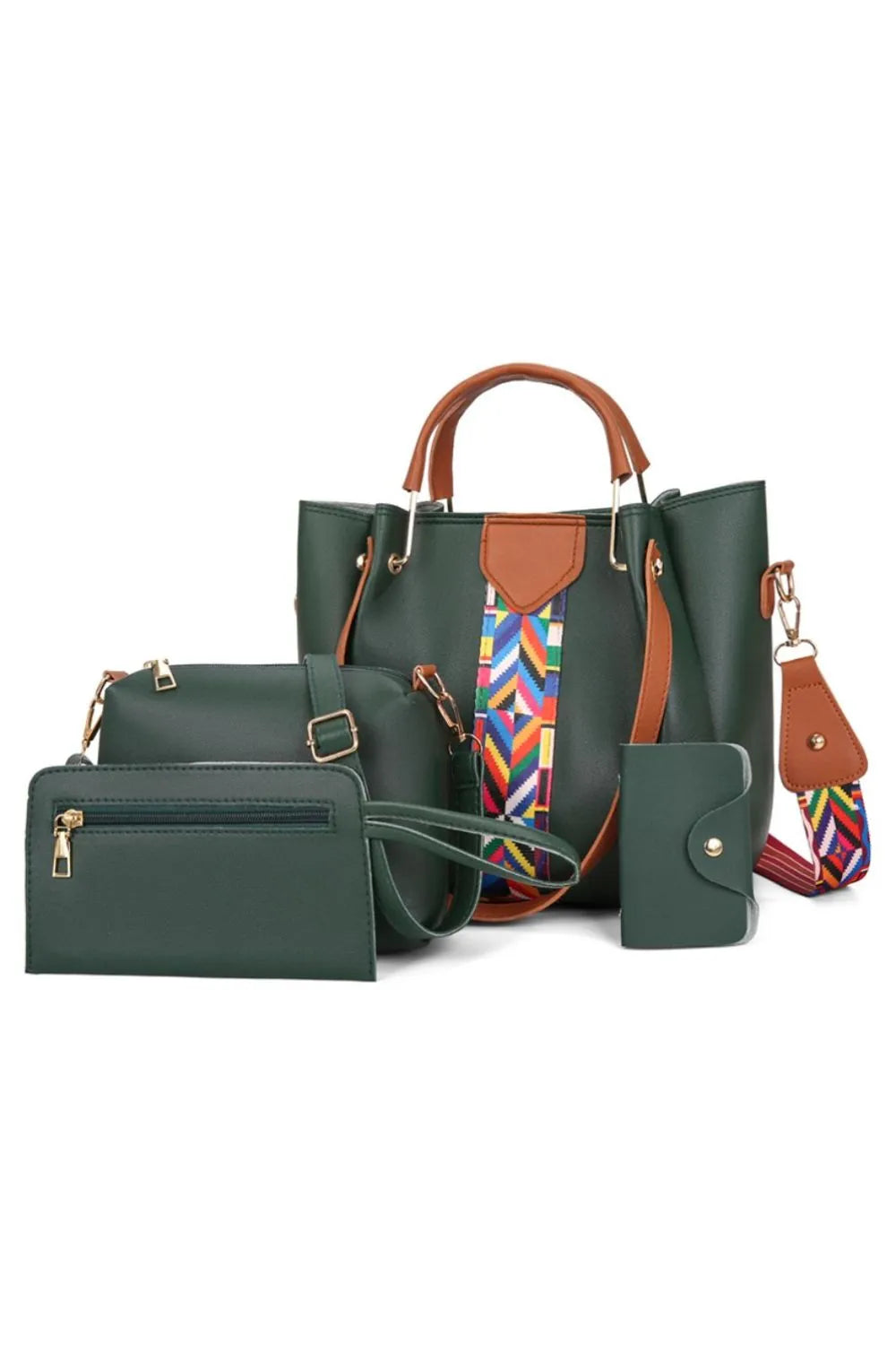 4-Piece Geometric Strap Bag Set Green onesize