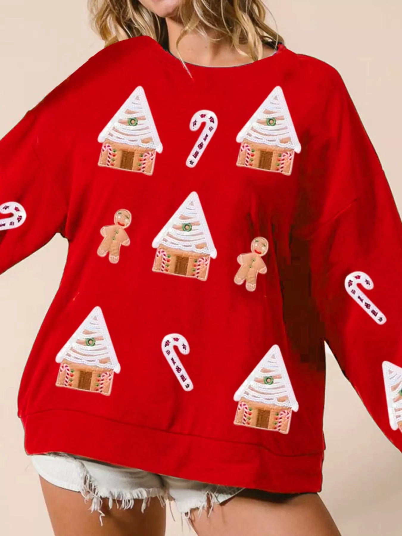 Christmas Gingerbread House Sequin Sweatshirt Red