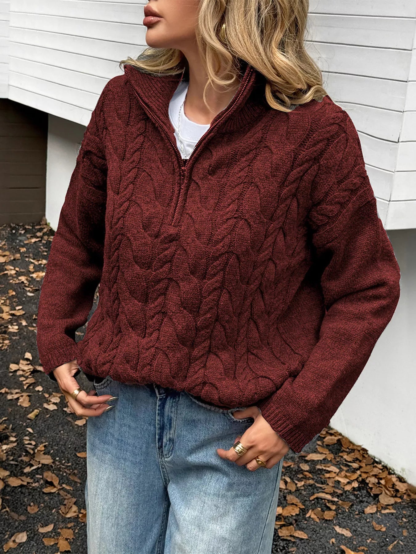 Zip Collar Cable-Knit Sweater Burgundy