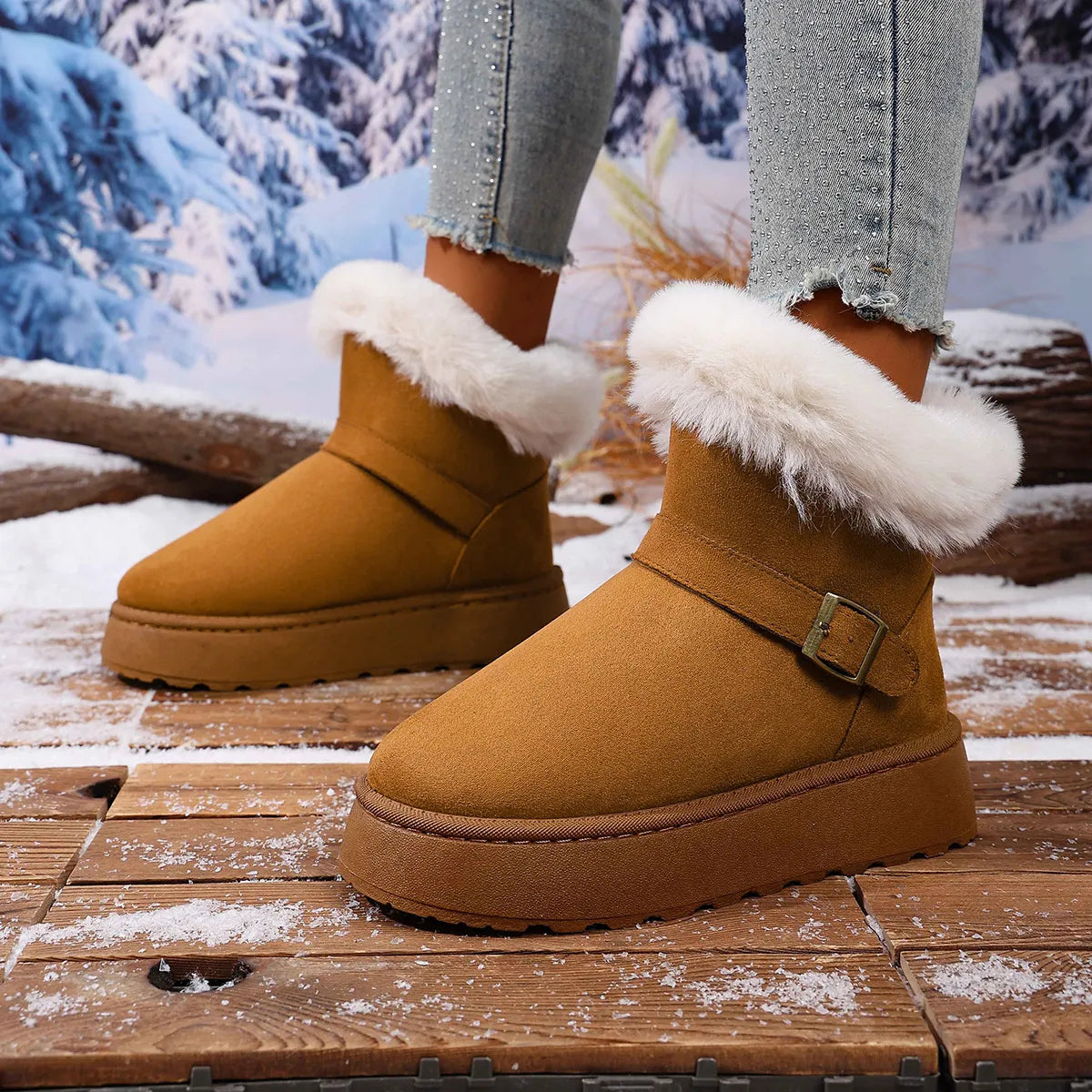 Round Toe Platform Boots Camel