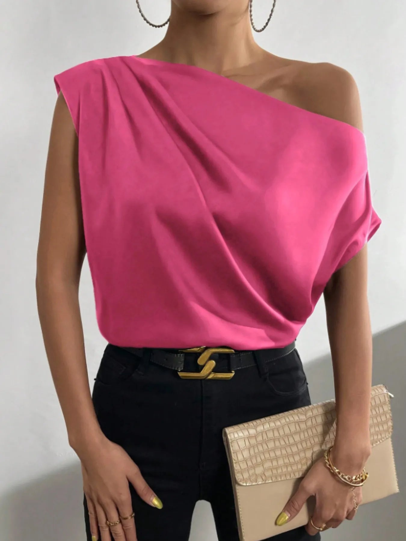 Asymmetrica One-Shoulder Draped Blouse Rose Red