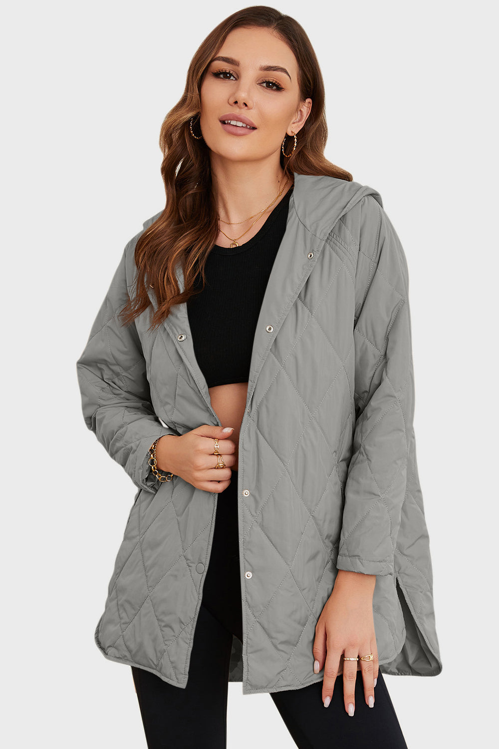 Snap Down Hooded Slit Winter Coat Light Gray