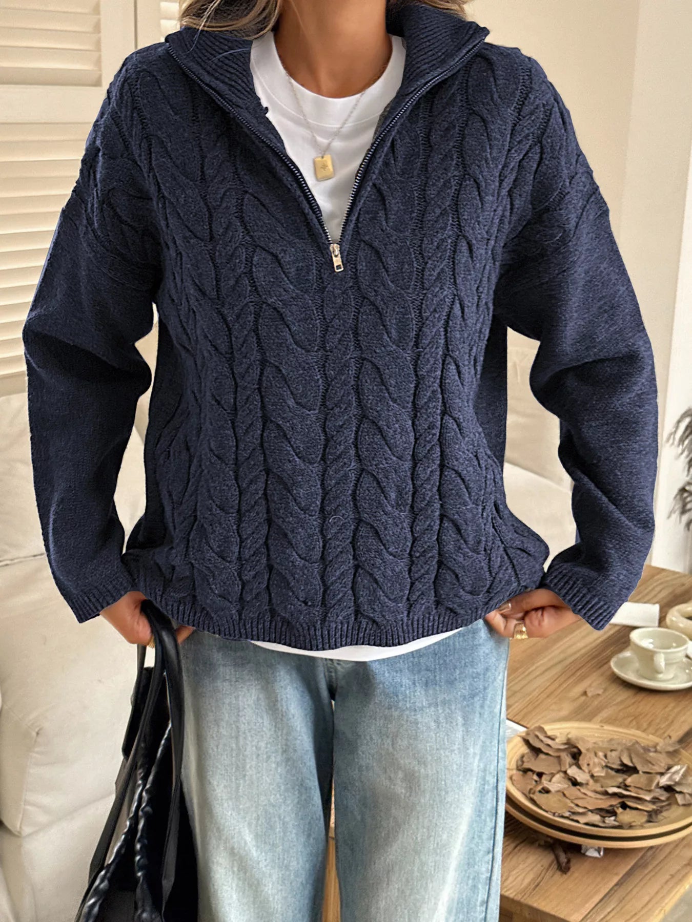 Zip Collar Cable-Knit Sweater