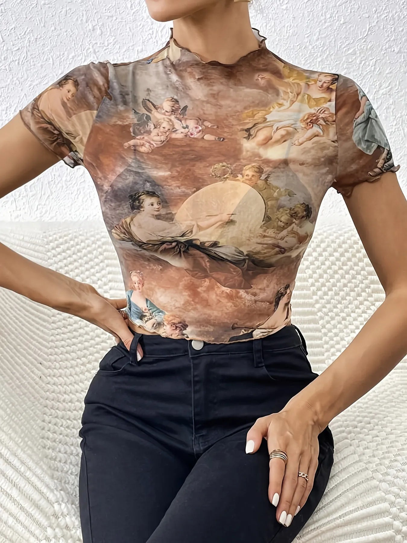 Abstract Print Ruffled Mock Neck Crop T-Shirt Caramel