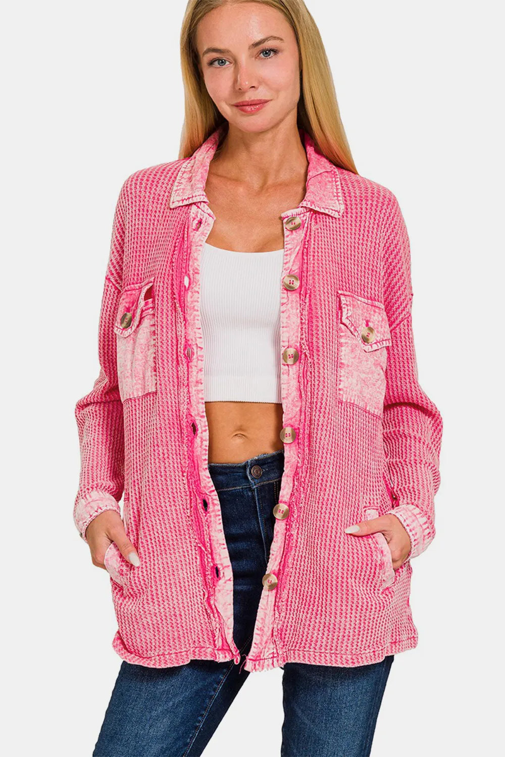 Zenana Waffle-Knit Button Up Dropped Shoulder Jacket FUCHSIA