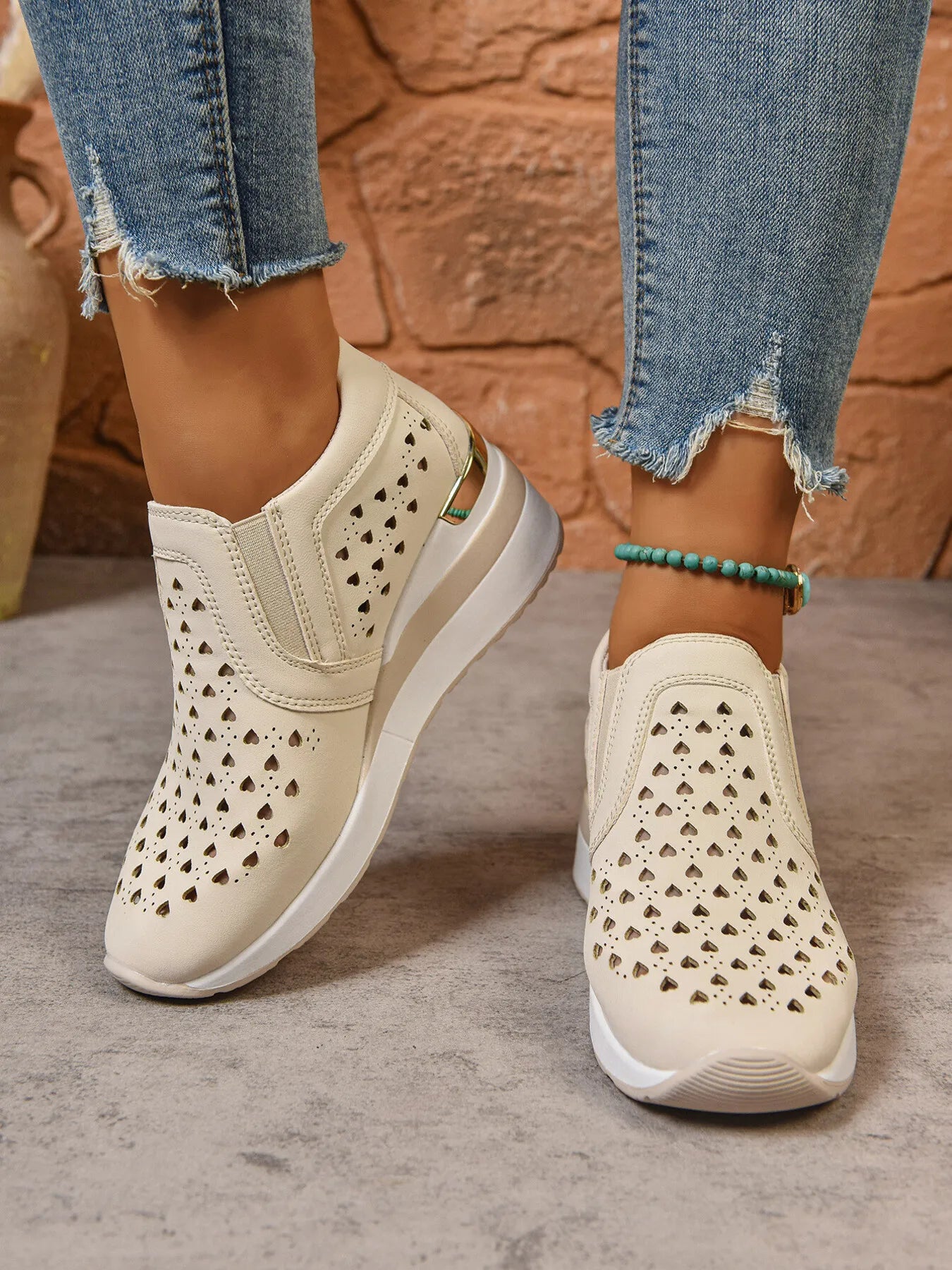 Breathable Cutout Wedge Sneakers Beige