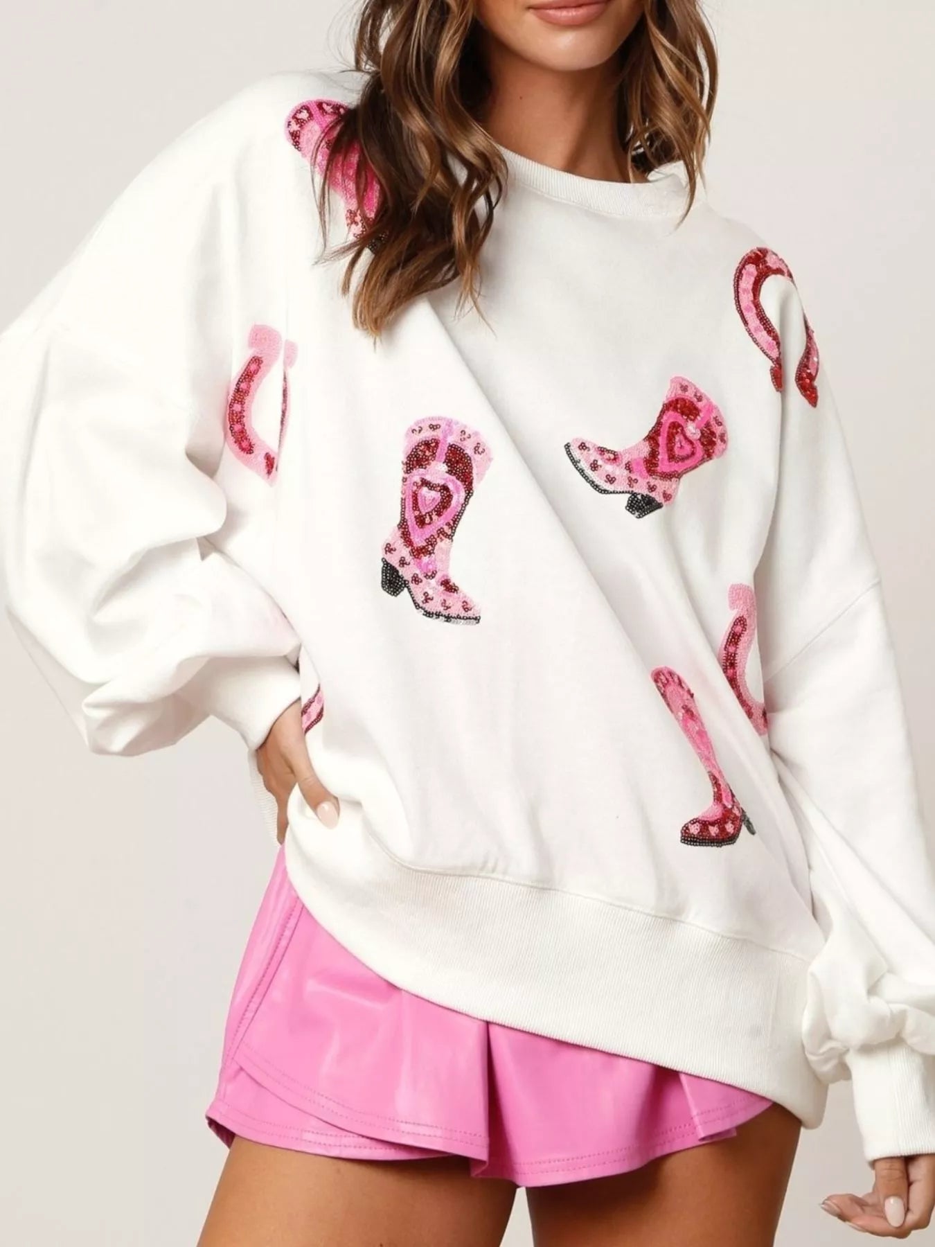 Sequin Boots Color Block Sweatshirt