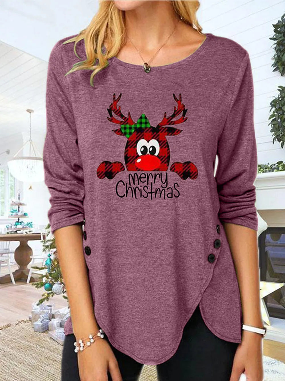Full Size Reindeer Round Neck Long Sleeve T-Shirt Dusty Pink