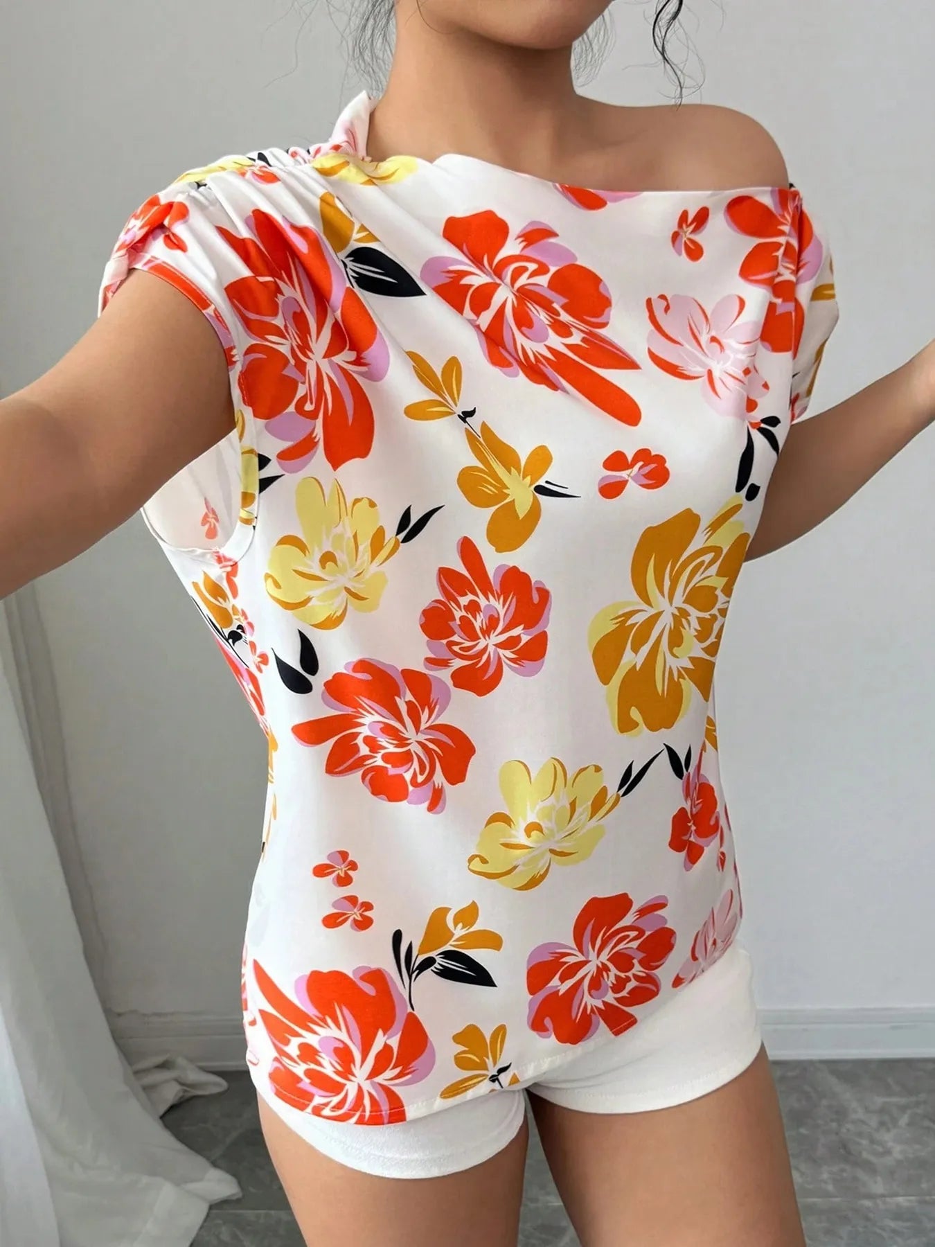Floral Print One Shoulder Short Sleeve Blouse White