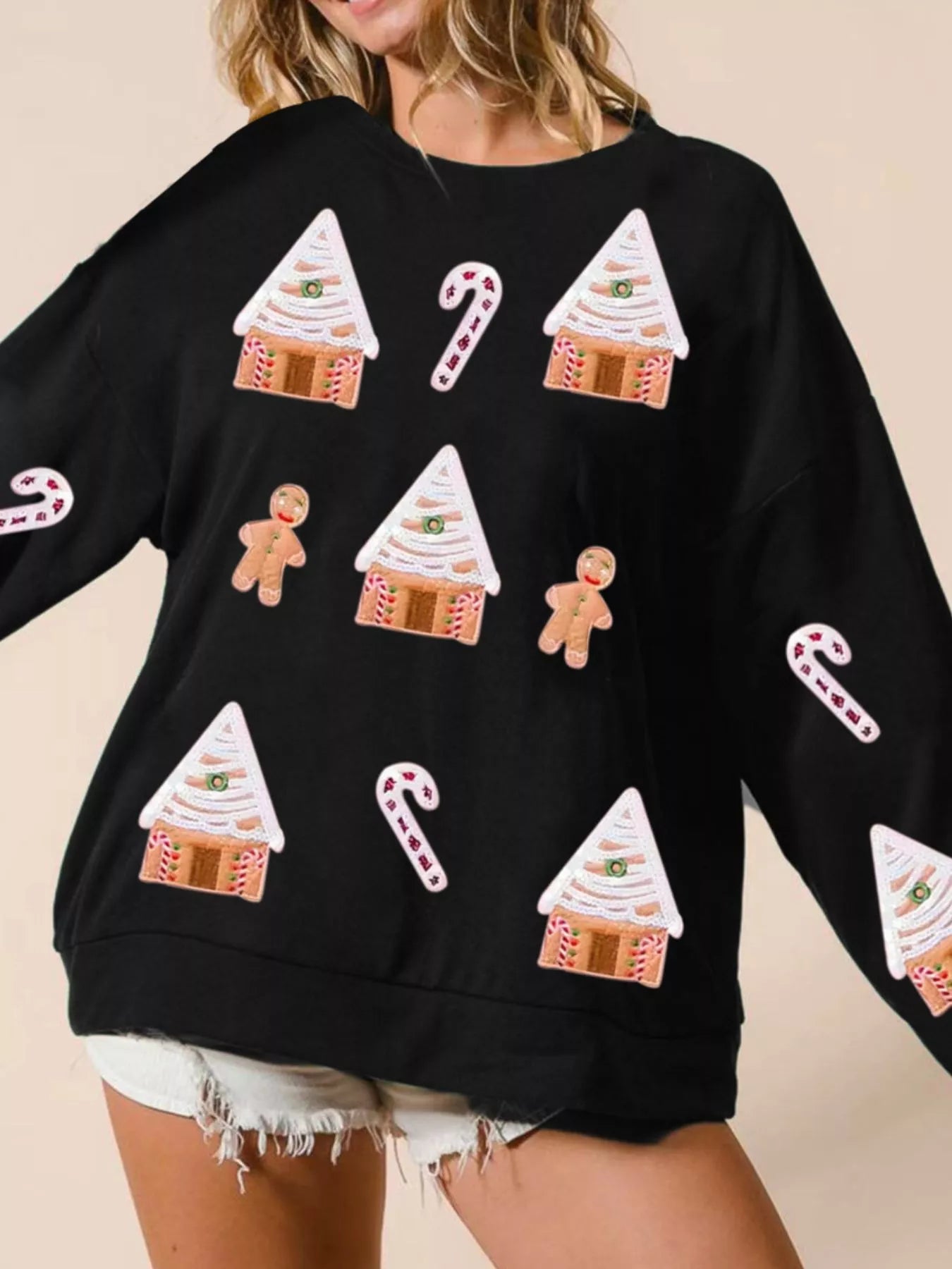 Christmas Gingerbread House Sequin Sweatshirt Black