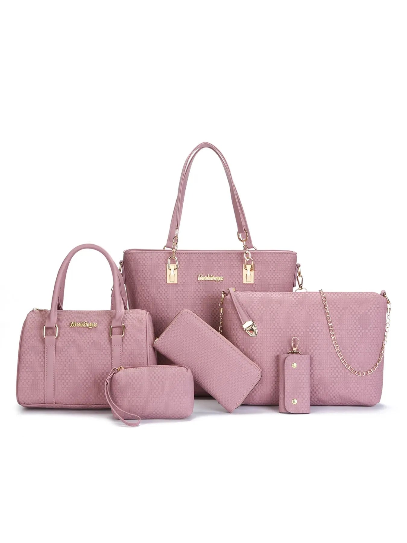 6-Piece Leather Textured Bag Set Pink onesize
