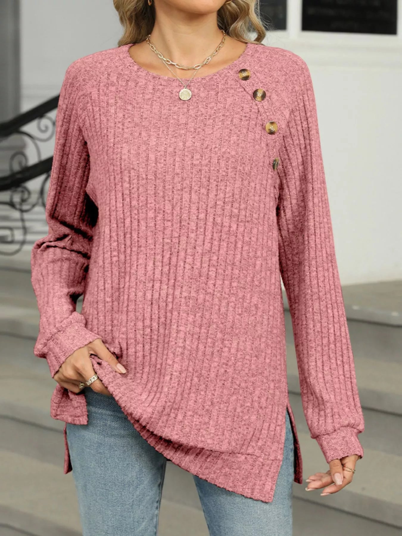 Ribbed Round Neck Long Sleeve T-Shirt