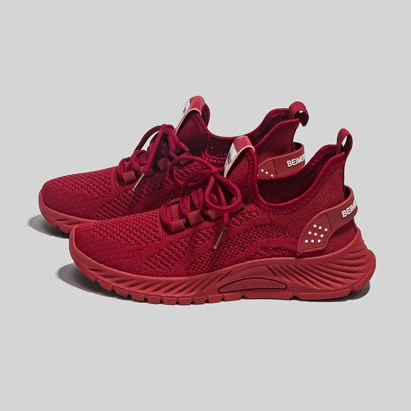 Mesh Lace-Up Platform Athletic Shoes Deep Red