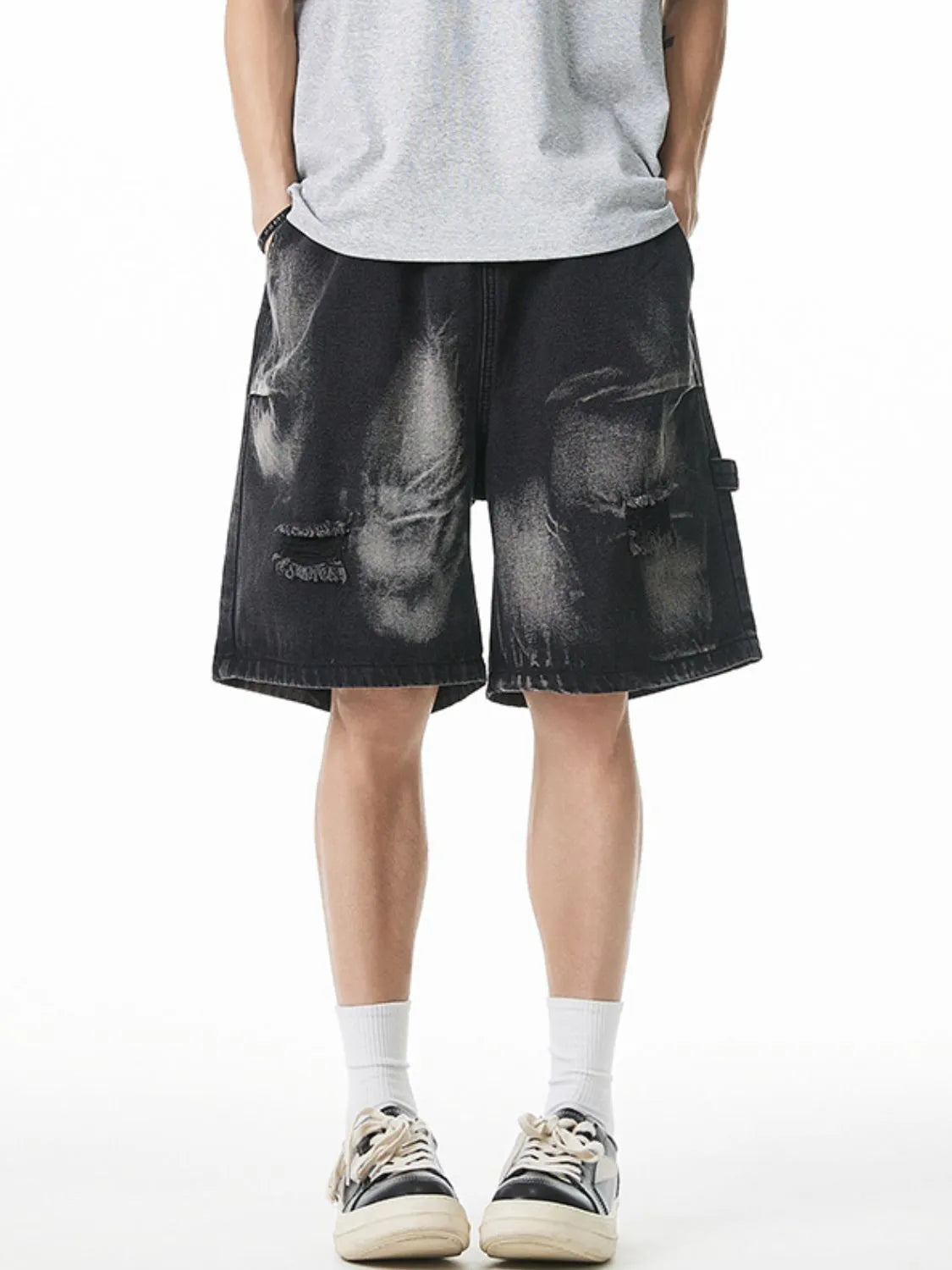 Men's Plus Size Distressed Cargo Denim Shorts Black