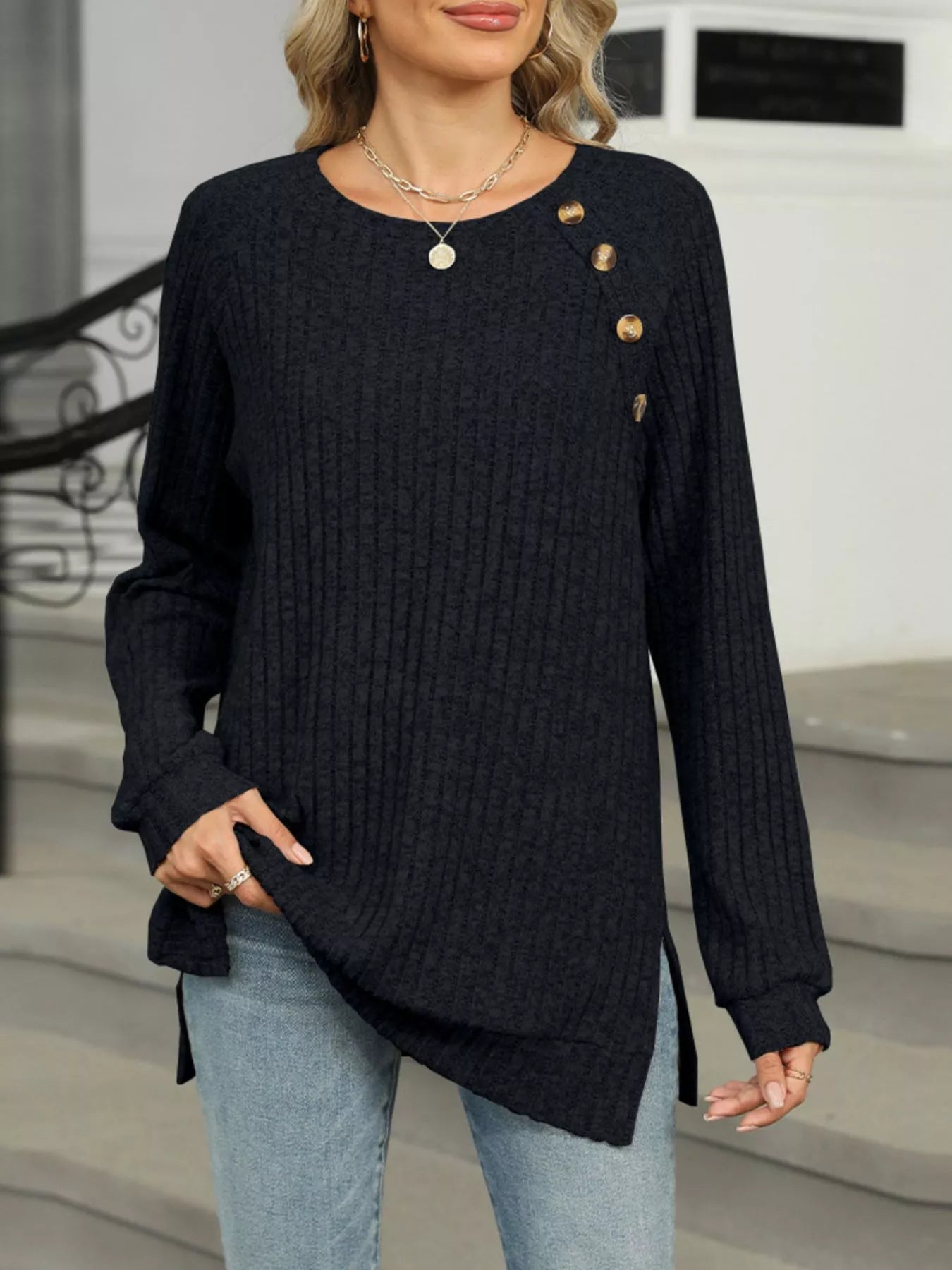 Ribbed Round Neck Long Sleeve T-Shirt