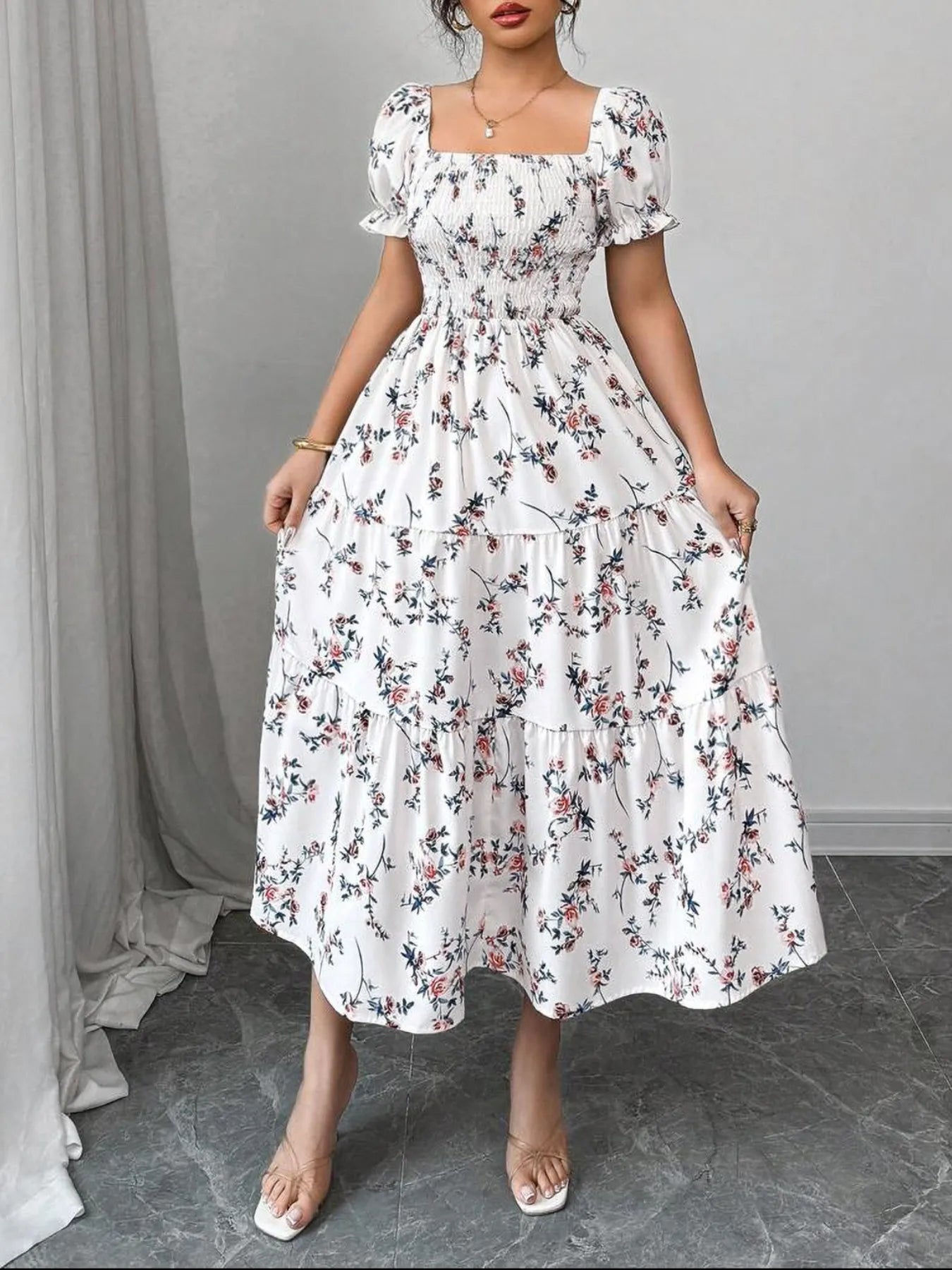 Floral Print Square Neck Puff Sleeve Midi Dress White