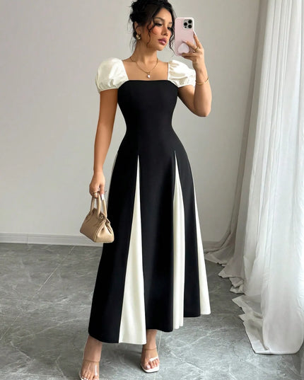 Contrast Puff Sleeve Midi Dress