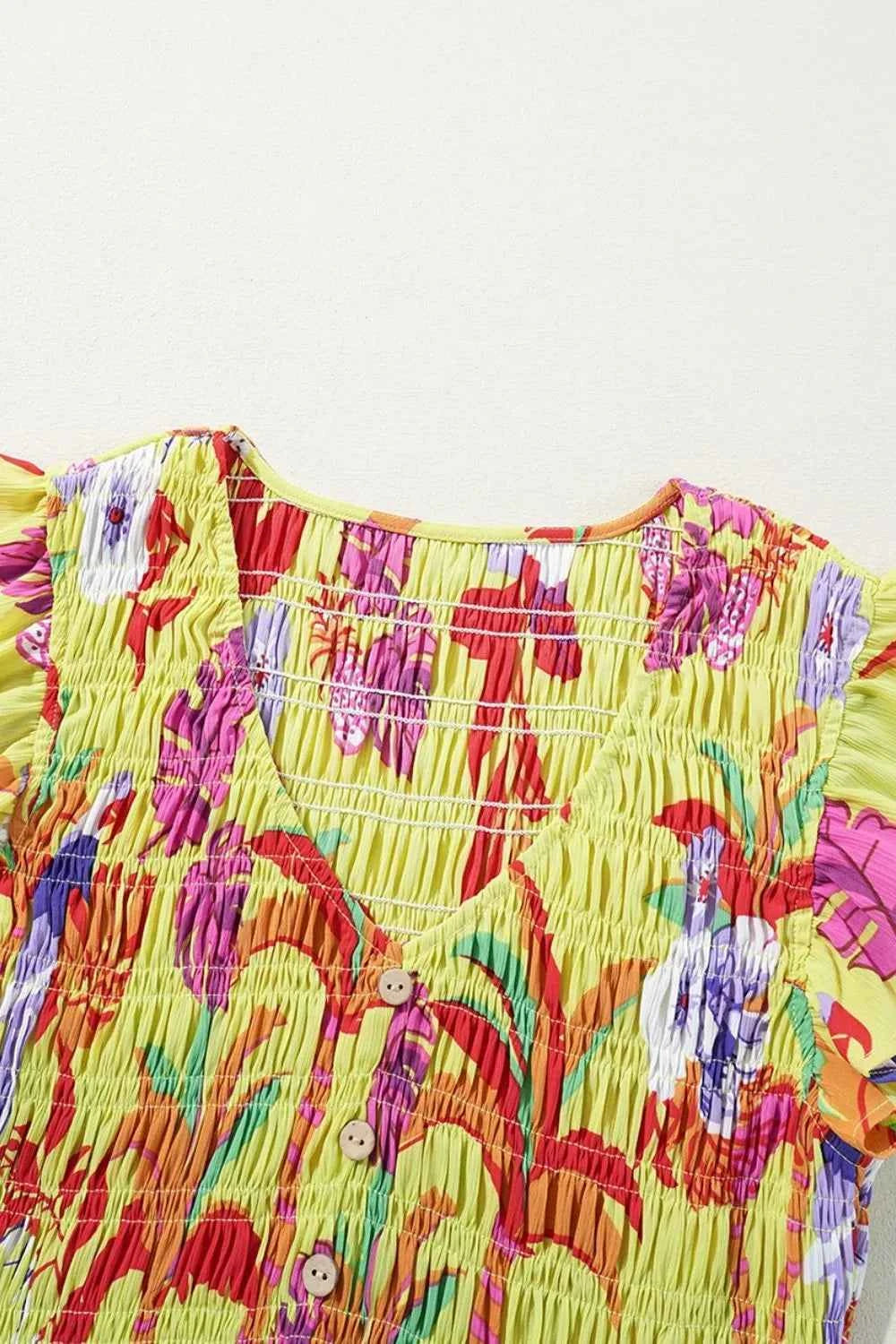 Cheetah Plant Print Shirred Button V Neck Maxi Dress