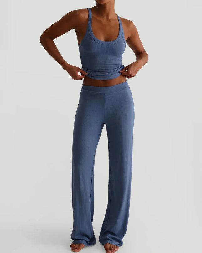Ribbed Tank and High-Waisted Pants Active Set Blue