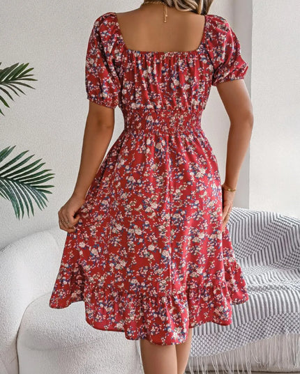 Ruffled Hem Floral Puff Sleeve Dress