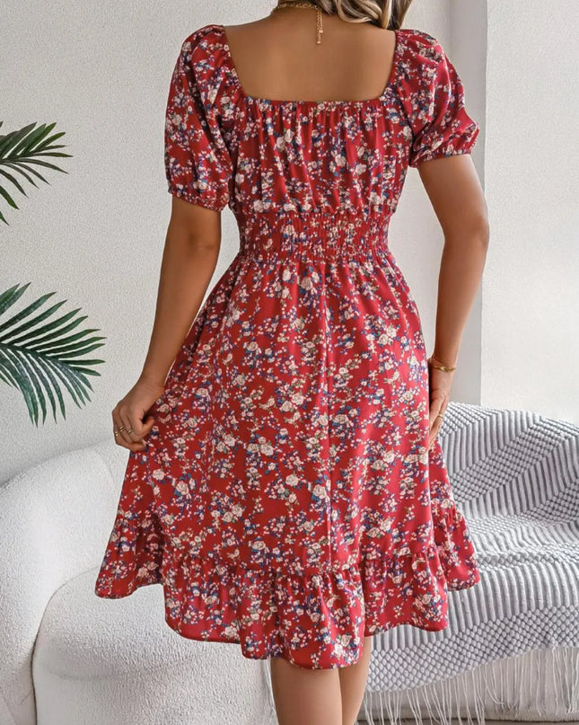 Ruffled Hem Floral Puff Sleeve Dress