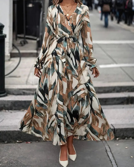 Printed Surplice Long Sleeve Maxi Dress Brown Flower