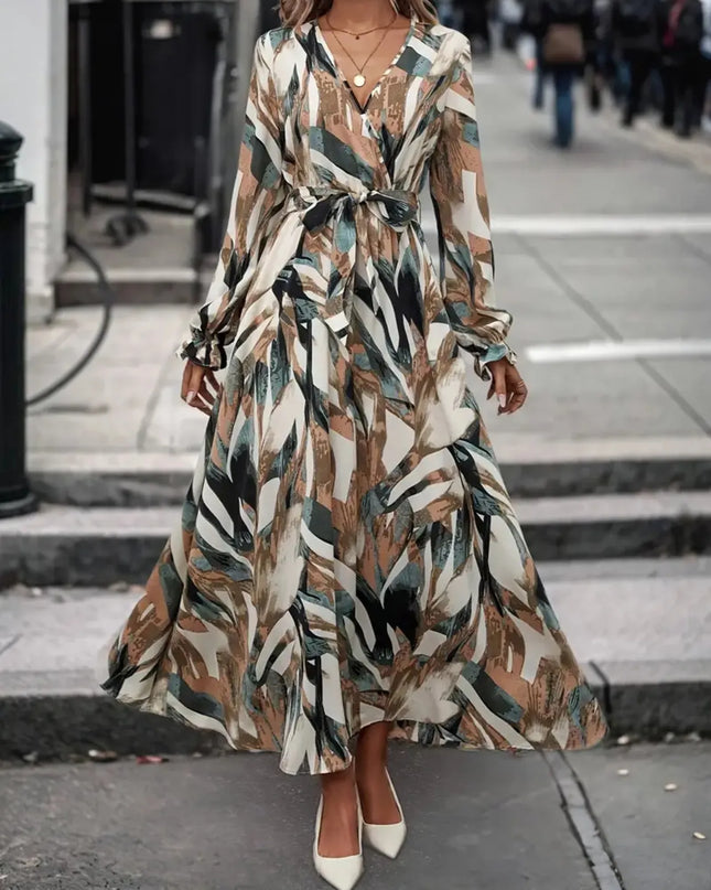 Printed Surplice Long Sleeve Maxi Dress Brown Flower