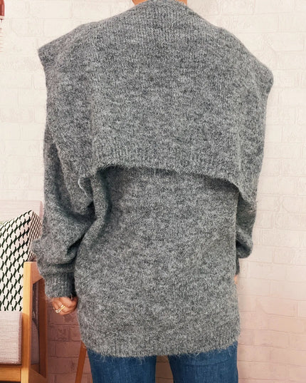 Ribbed Hem V-Neck Sweater with Shawl