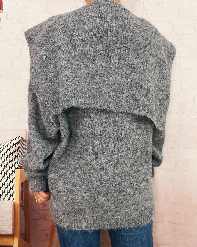 Ribbed Hem V-Neck Sweater with Shawl