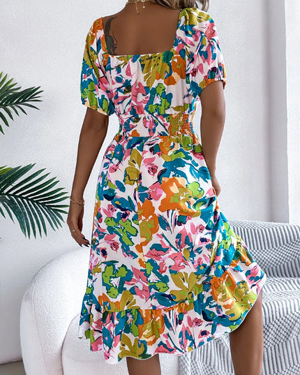 Ruffled Hem Smocked Floral Short Sleeve Midi Dress 