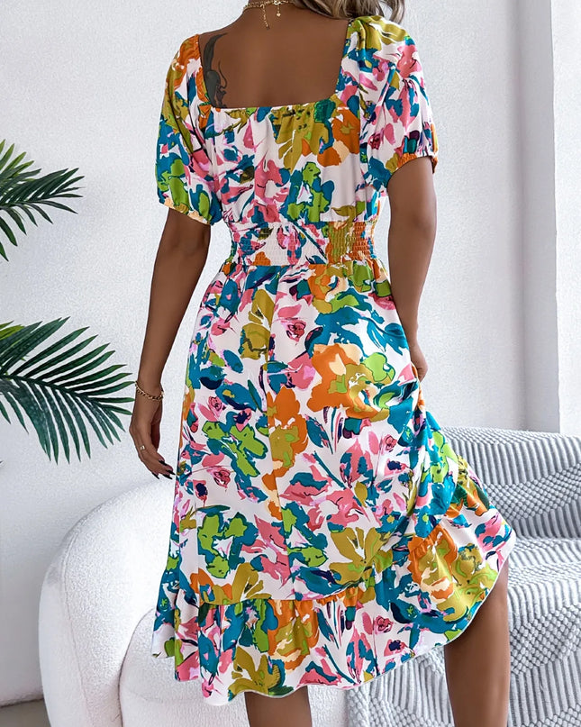 Ruffled Hem Smocked Floral Short Sleeve Midi Dress 