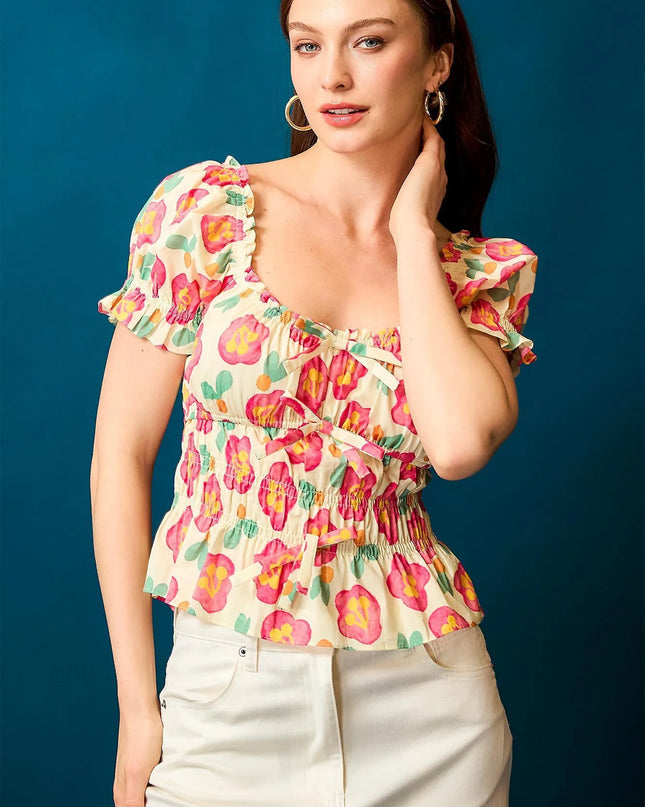 Umgee Floral Smocked Peplum Blouse Pink
