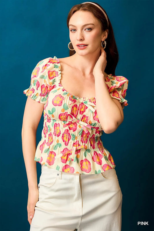 Umgee Floral Smocked Peplum Blouse Pink