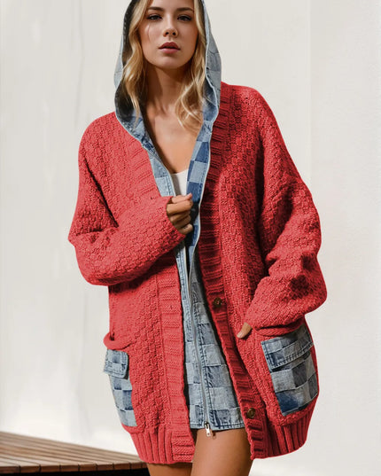 Double Take Full Size Hooded Denim Spliced Sweater Cardigan Deep Red