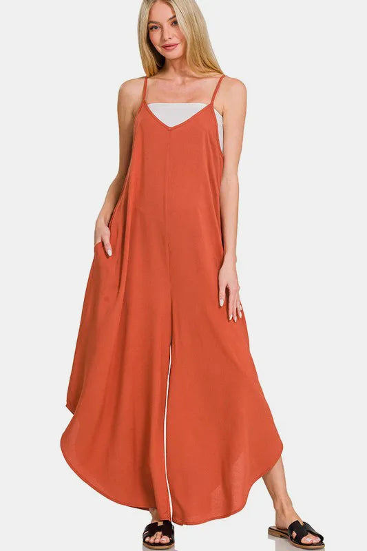 Zenana Spaghetti Strap Wide Leg Overalls with Pockets Rust