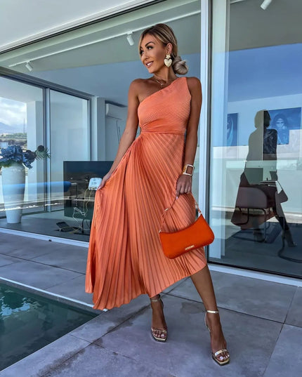 Full Size Single Shoulder Pleated Midi Dress Plus Size 