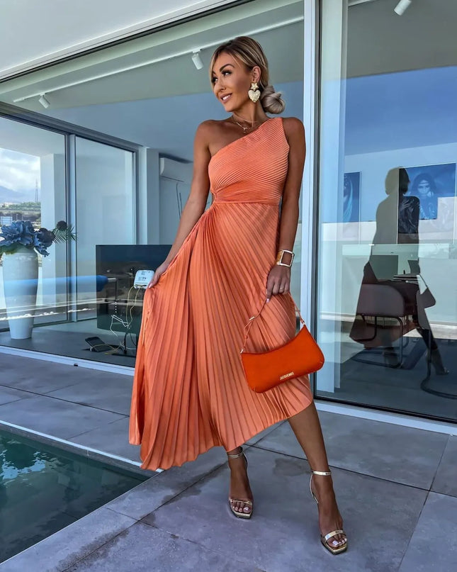 Full Size Single Shoulder Pleated Midi Dress Plus Size 