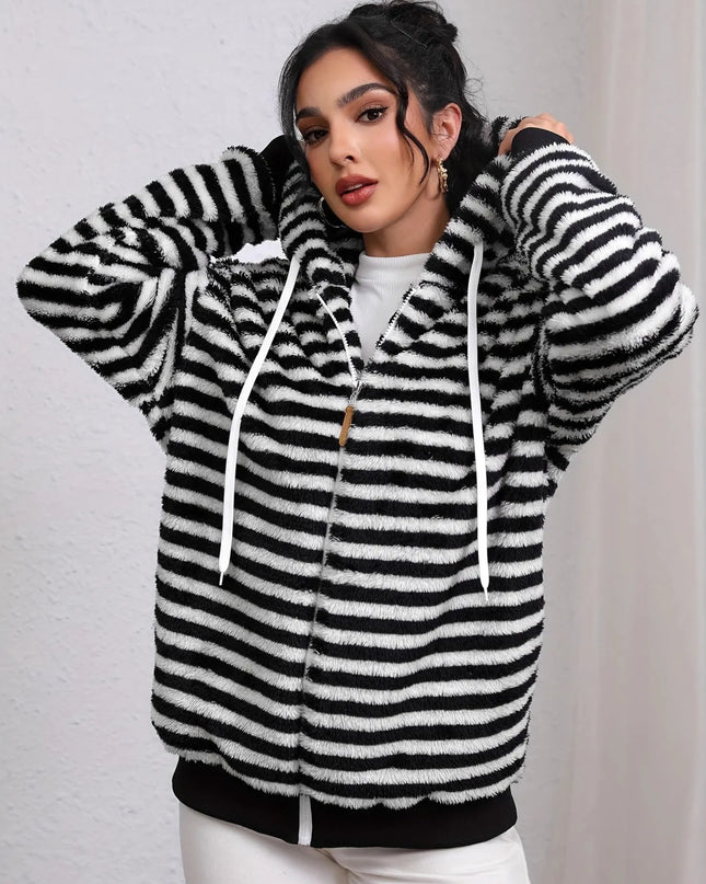 Striped Fuzzy Zip Up Hooded Outerwear