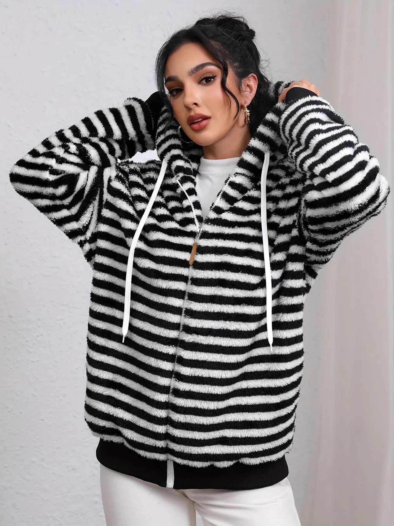 Striped Fuzzy Zip Up Hooded Outerwear