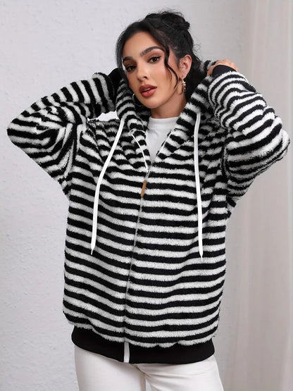 Striped Fuzzy Zip Up Hooded Outerwear