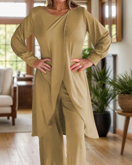 Full Size Slit Round Neck Long Sleeve Top and Pants Set