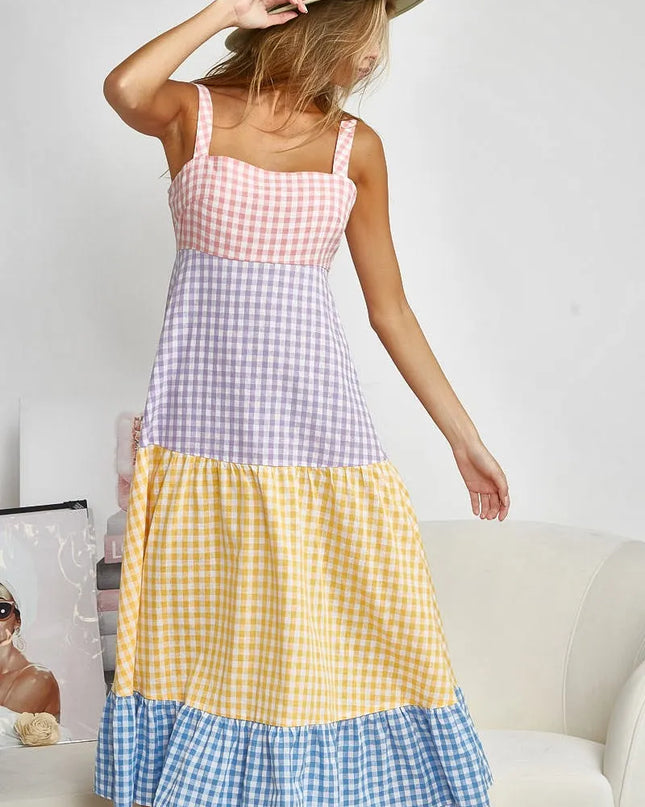 BiBi Color Block Tiered Gingham Dress