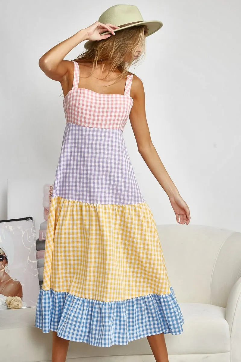 BiBi Color Block Tiered Gingham Dress