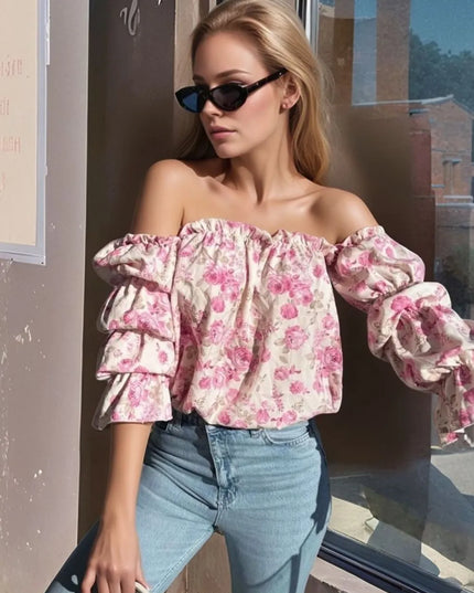 Printed Off-Shoulder Flounce Sleeve Blouse