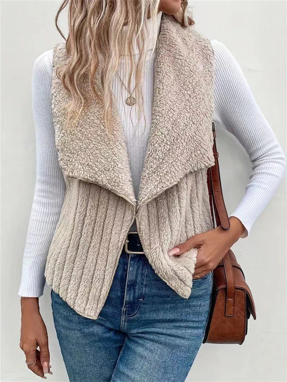 Open Front Fuzzy Vest Coat Dust Storm