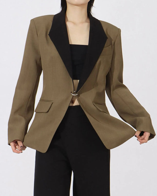 Contrast Lapel Collar Long Sleeve Blazer