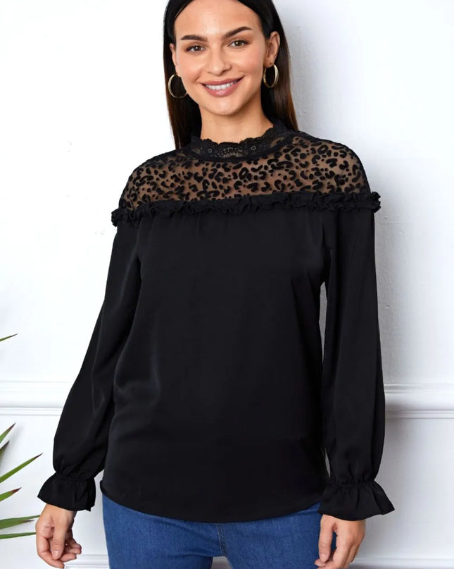 Leopard Frill Flounce Sleeve Blouse Black